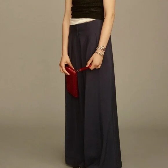 By Anthropologie High-Rise Pleated Wide-Leg Trousers Size 14 Navy Blue - Picture 3 of 16